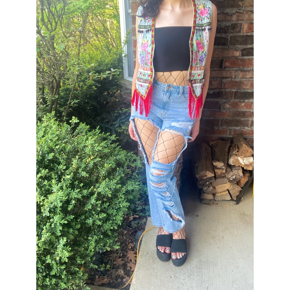 DENIM FRINGE VEST BOHO VINTAGE
